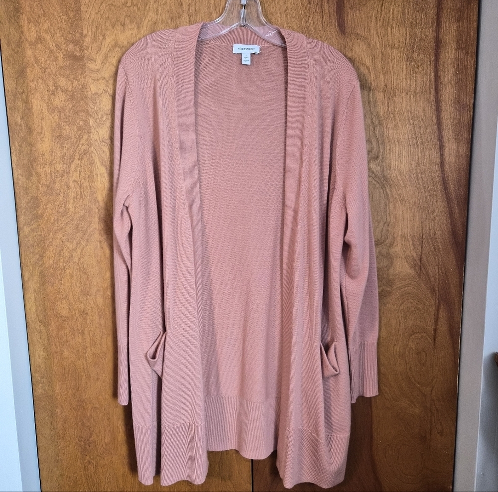 NORDSTROM Women Pink Puff Long Sleeve Open Front Cardigan Size Large